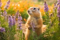 Prairie dog in wildlife. Cute prairie dog on summer field with flowers Royalty Free Stock Photo