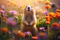 Prairie dog in wildlife. Cute prairie dog on summer field with flowers Royalty Free Stock Photo