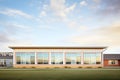 prairie landscape, long ribbon windows on lowrise building