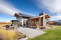 prairie with modern ecohome, central chimney, solar panels visible Royalty Free Stock Photo