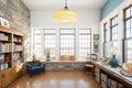 prairie schoolinspired library, ribbon windows, and stone walls Royalty Free Stock Photo