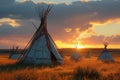 Prairie tranquility Indian teepee in field at sunset, First Nations