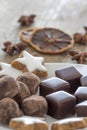 Pralines of Chocolate and marzipan and cinnamon stars Royalty Free Stock Photo