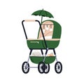 Pram, baby carriage. Newborn cradle, wheeled stroller. Infants pushchair with umbrella, sunshade, toys, storage basket