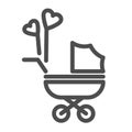 Pram with heart shaped balloons line icon, newborn holiday concept, Baby carriage sign on white background, baby