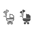 Pram with heart shaped balloons line and solid icon, newborn holiday concept, Baby carriage sign on white background