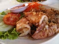 Prameuk-tod-kratiam, the squid fried with the garlic, Thai food, Thailand