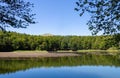 Pranda Lake, view with Apennine mountains just peeking out above tree. Reggio Emilia province, Emilia Romagna district