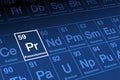 Praseodymium on periodic table of the elements, with element symbol Pr