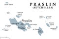 Praslin and nearby islands of the Seychelles, gray political map