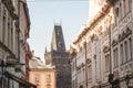 Powder tower, also called Prasna Brana, in Prague, Czech Republic, taken from the narrow streets of Old Town.