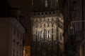 Powder tower, also called Prasna Brana, in Prague, Czech Republic, by bight, taken from the narrow streets of Old Town.