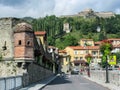 Prats de Mollo la Preste, Pyrenees-Orientales, southern France: Panoramic view of the medieval fortified town with Fort Lagarde Royalty Free Stock Photo