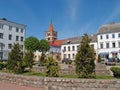 PRAVDINSK, RUSSIA. 50-letiya Pobedy Square overlooking Lutheran church