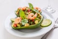 Two Halves of Avocado Cups With Prawn and Avocado Salad Royalty Free Stock Photo