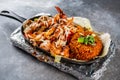prawn fajitas with fried rice served in a dish isolated on dark background side view food Royalty Free Stock Photo
