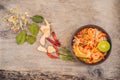 Prawn and lemon grass soup with mushrooms,Tom Yam Kung ,thai food in wooden background, top view Royalty Free Stock Photo