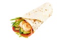 Prawn Roll or Shawarma or Doner isolated on white background. Shawarma with tomato, cucumber, onion, lettuce, and prawns. Fast