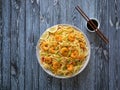 Prawn Schezwan Noodles with vegetables. Top view