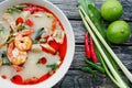 Prawn shrimp and lemon grass spicy soup with mushrooms, famous T Royalty Free Stock Photo