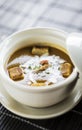 Prawn shrimp seafood cream soup bowl with croutons