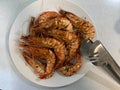 Prawn or tiger shrimp grilled on white plate. selective focus Royalty Free Stock Photo