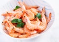 Prawns on bowl. Shrimps, prawns. Whole boiled shrimp. Royalty Free Stock Photo