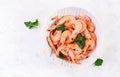 Prawns on bowl. Shrimps, prawns. Whole boiled shrimp. Royalty Free Stock Photo