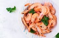 Prawns on bowl. Shrimps, prawns. Whole boiled shrimp. Royalty Free Stock Photo