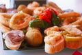 Prawns on bread, delicious meat and fish mix with sweet and salty snack food Royalty Free Stock Photo