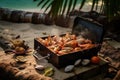 prawns cooking on a portable beach bbq with seashells around