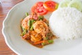 Prawns and cow-pea fried with chilies Royalty Free Stock Photo