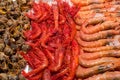 Prawns and mussels for sale at a market