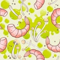 Prawns and plants seamless pattern. Shrimps, asian mushrooms Enoki and seed oil.