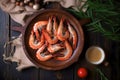 Prawns on plate. Shrimps, prawns. Seafood. Top view. Dark background. Royalty Free Stock Photo