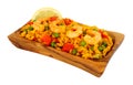 Prawns And Rice In An Olive Wood Serving Dish