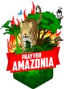 Pray for Amazonia - Save Jungle Rainforest - Deforestation Concept Vector Illustration emblem with harpy eagle, jaguar, anaconda