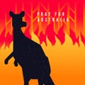 Pray for Australia banner. Forest in fire burning with kangaroo.