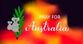 Pray for Australia lettering with sad cartoon koala in fire isolated on white. Vector template for banner, typography poster,
