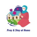 Pray at home, muslim hijab girl stay and pray at home quarantine concept