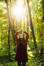 Pray mother nature. Woman enjoy nature alone. Nature is source of power for her. Natural beauty. Autumnal melancholy Royalty Free Stock Photo