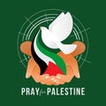 Pray for palestine - hands hold palestine flag with white peace bird took the flag out of hand on blue background vector design