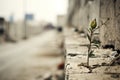 Pray for Palestine. A small rose growing on a concrete wall with a background of city Gaza