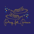 Pray for Peace. Golden inscription, angels, hearts on blue. Vector. Royalty Free Stock Photo