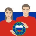 Pray for peace. Man and woman in the colors of national flag Russia, white, blue and red with globe in hands