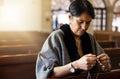 Pray, senior woman and praying in church with a rosary for religion, worship and God praise, peaceful and calm. Holy Royalty Free Stock Photo