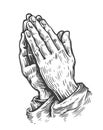 Pray symbol. Prayer to God with faith and hope. Hand drawn praying hands sketch vintage vector illustration