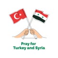 Pray for Turkey and Syria. One continuous line drawing of poster design with flags