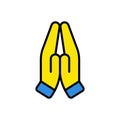 pray for Ukraine. namaste blue and yellow outline filled icon