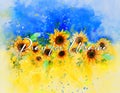 Pray for Ukraine! Stop the war in Ukraine. Peace for Ukraine. Yellow and blue flag of Ukraine. Sunflowers. Watercolor painting wit Royalty Free Stock Photo